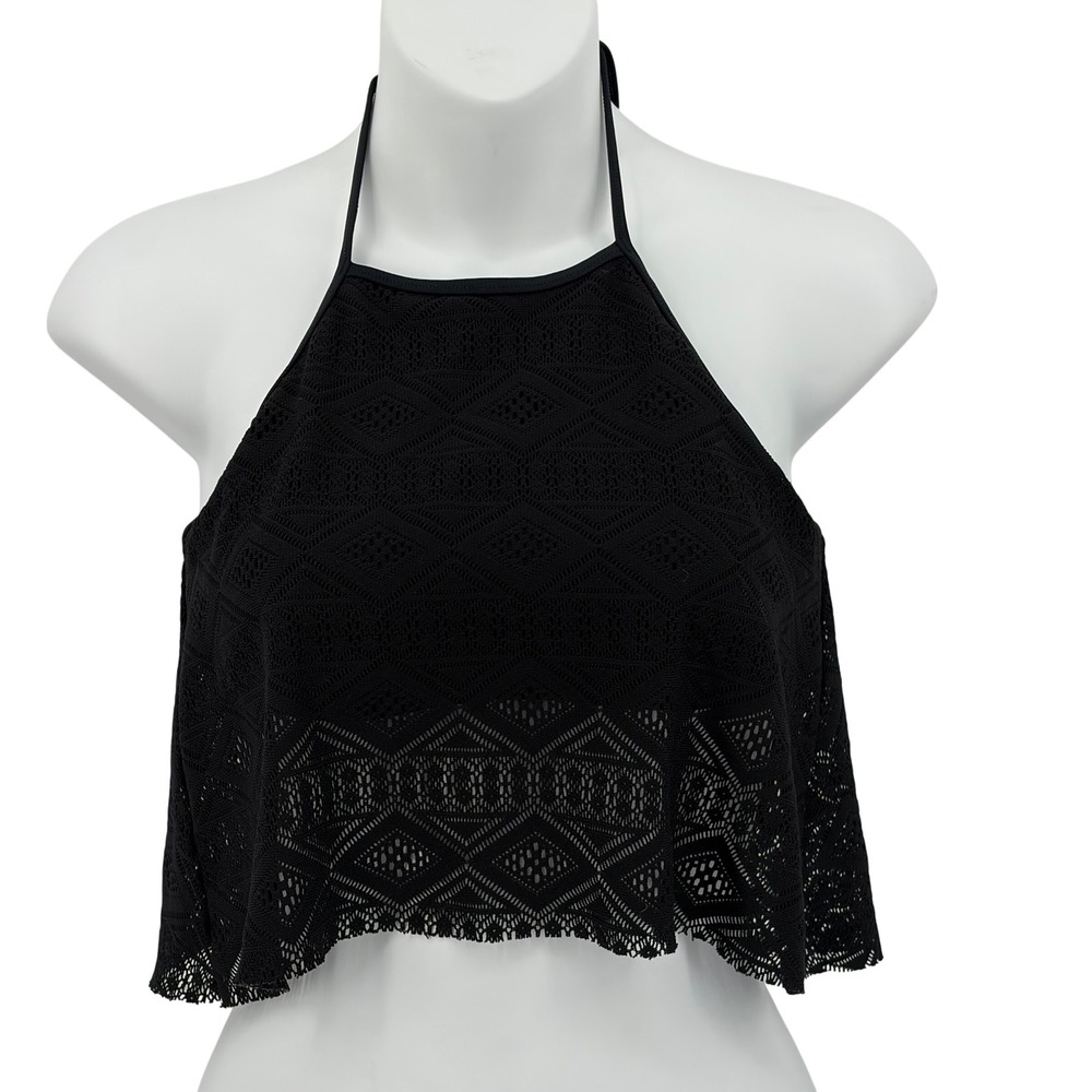 SO Crochet Lace Halter Bikini Top Small Black Geometric Boho Festival Goth